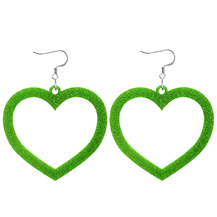 haus of dizzy glitter barbie heart earrings with lime green glitter size large with hooks no heart tops