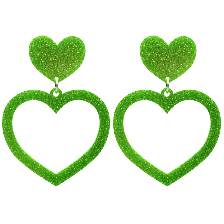 haus of dizzy glitter barbie heart earrings with lime green glitter size large