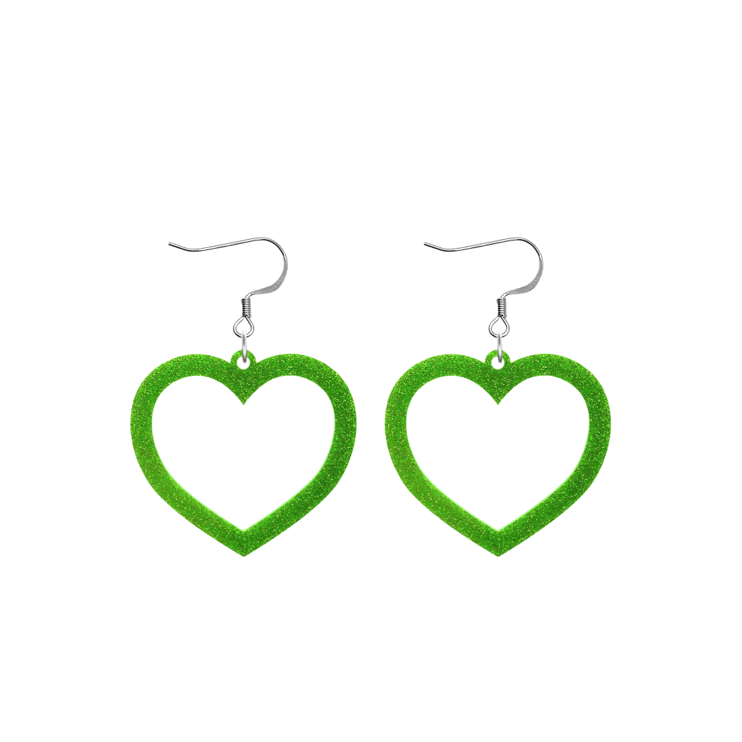 haus of dizzy glitter barbie heart earrings with lime green glitter size small with hooks no heart tops