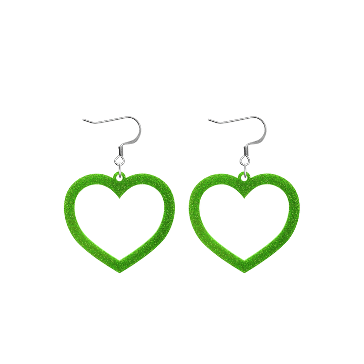 haus of dizzy glitter barbie heart earrings with lime green glitter size small with hooks no heart tops