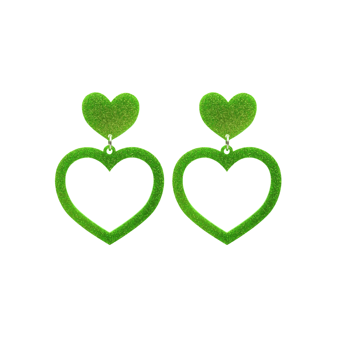 haus of dizzy glitter barbie heart earrings with lime green glitter size small