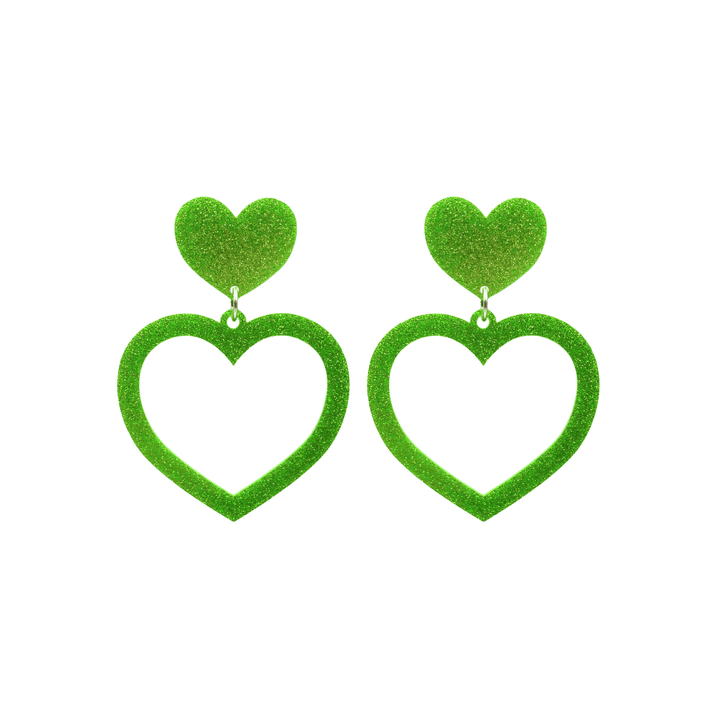 haus of dizzy glitter barbie heart earrings with lime green glitter size small