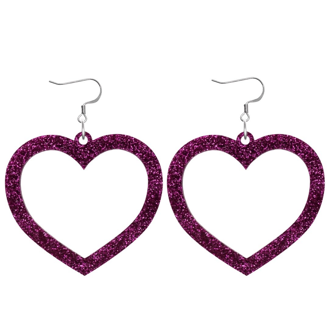 haus of dizzy glitter barbie heart earrings with premium magenta glitter size large with hooks no heart tops