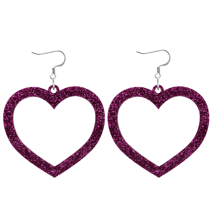 haus of dizzy glitter barbie heart earrings with premium magenta glitter size large with hooks no heart tops