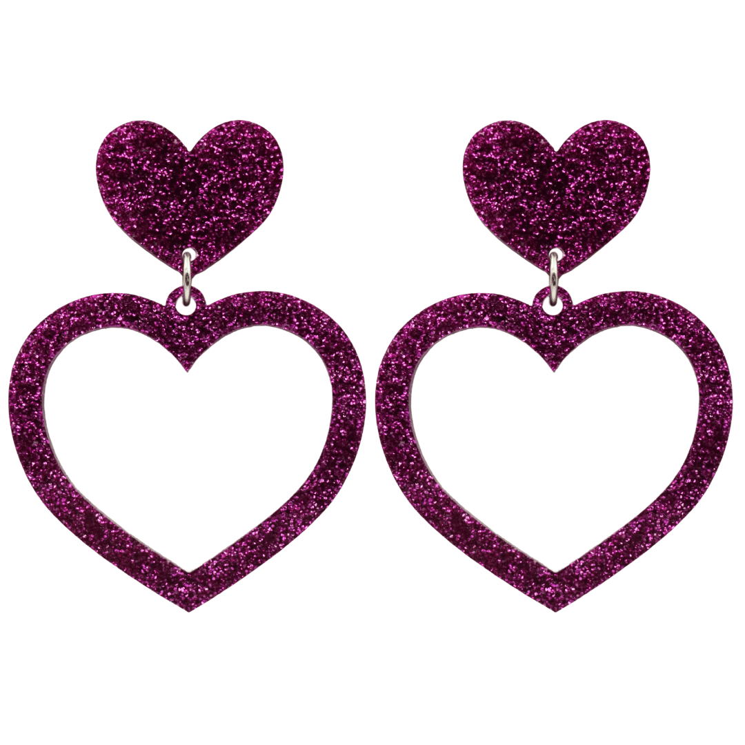 haus of dizzy glitter barbie heart earrings with premium magenta glitter size large