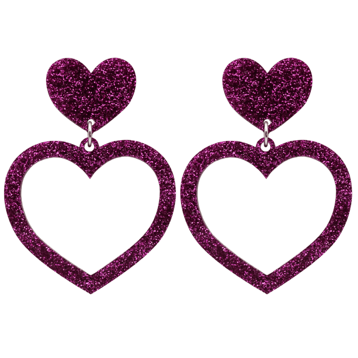 haus of dizzy glitter barbie heart earrings with premium magenta glitter size large