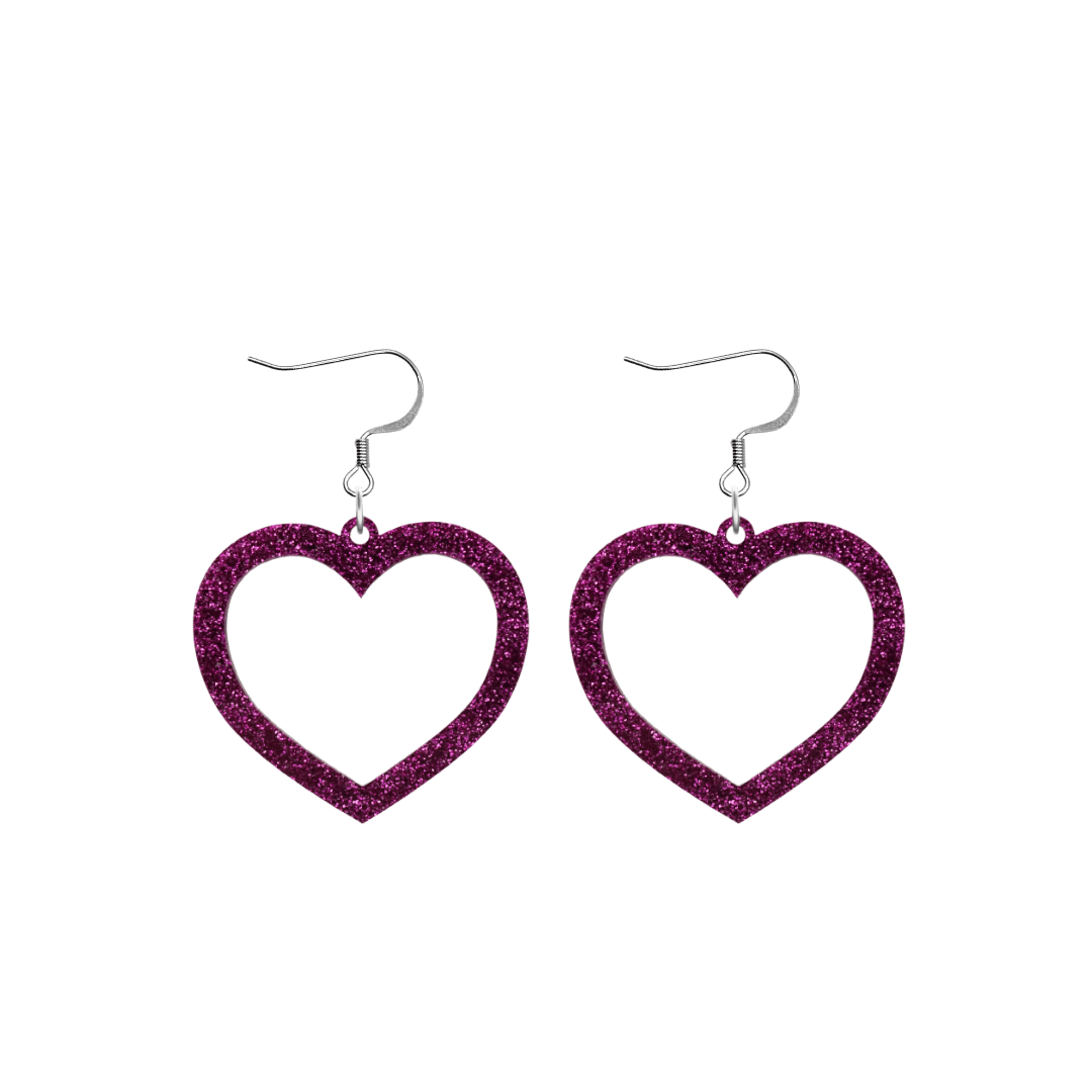 haus of dizzy glitter barbie heart earrings with premium magenta glitter size small with hooks no heart tops