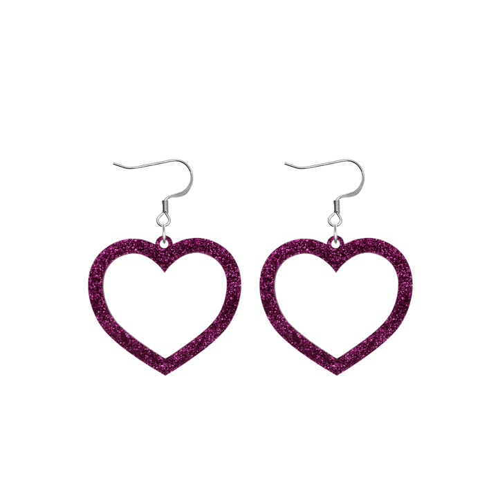 haus of dizzy glitter barbie heart earrings with premium magenta glitter size small with hooks no heart tops