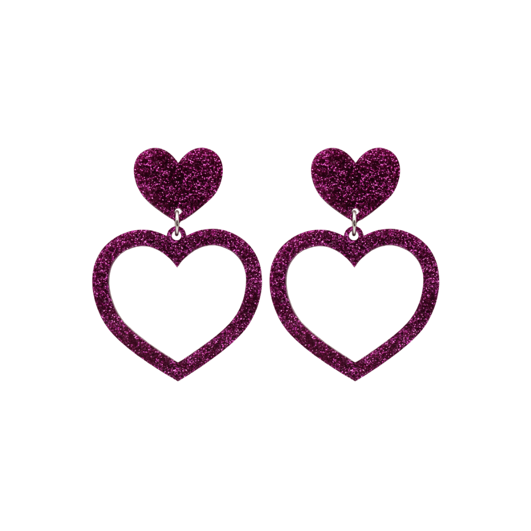 haus of dizzy glitter barbie heart earrings with premium magenta glitter size small