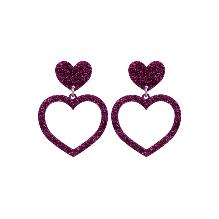 haus of dizzy glitter barbie heart earrings with premium magenta glitter size small