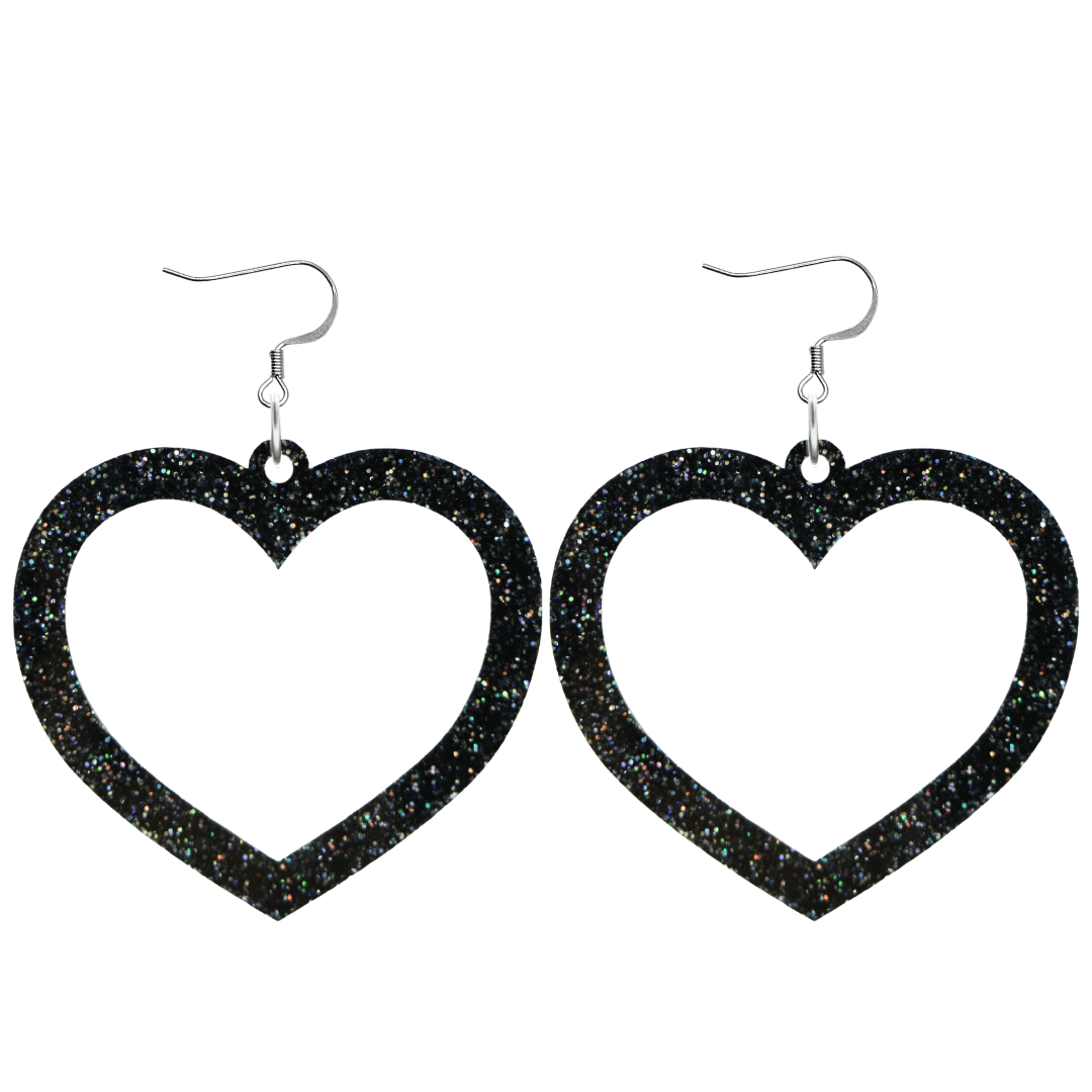haus of dizzy glitter barbie heart earrings with premium black glitter size large with hooks no heart tops