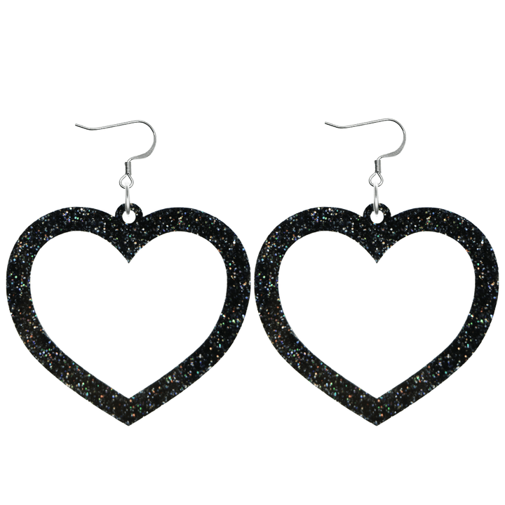 haus of dizzy glitter barbie heart earrings with premium black glitter size large with hooks no heart tops