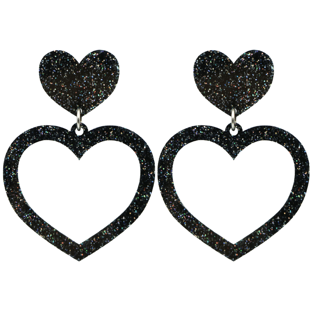 haus of dizzy glitter barbie heart earrings with premium black glitter size large