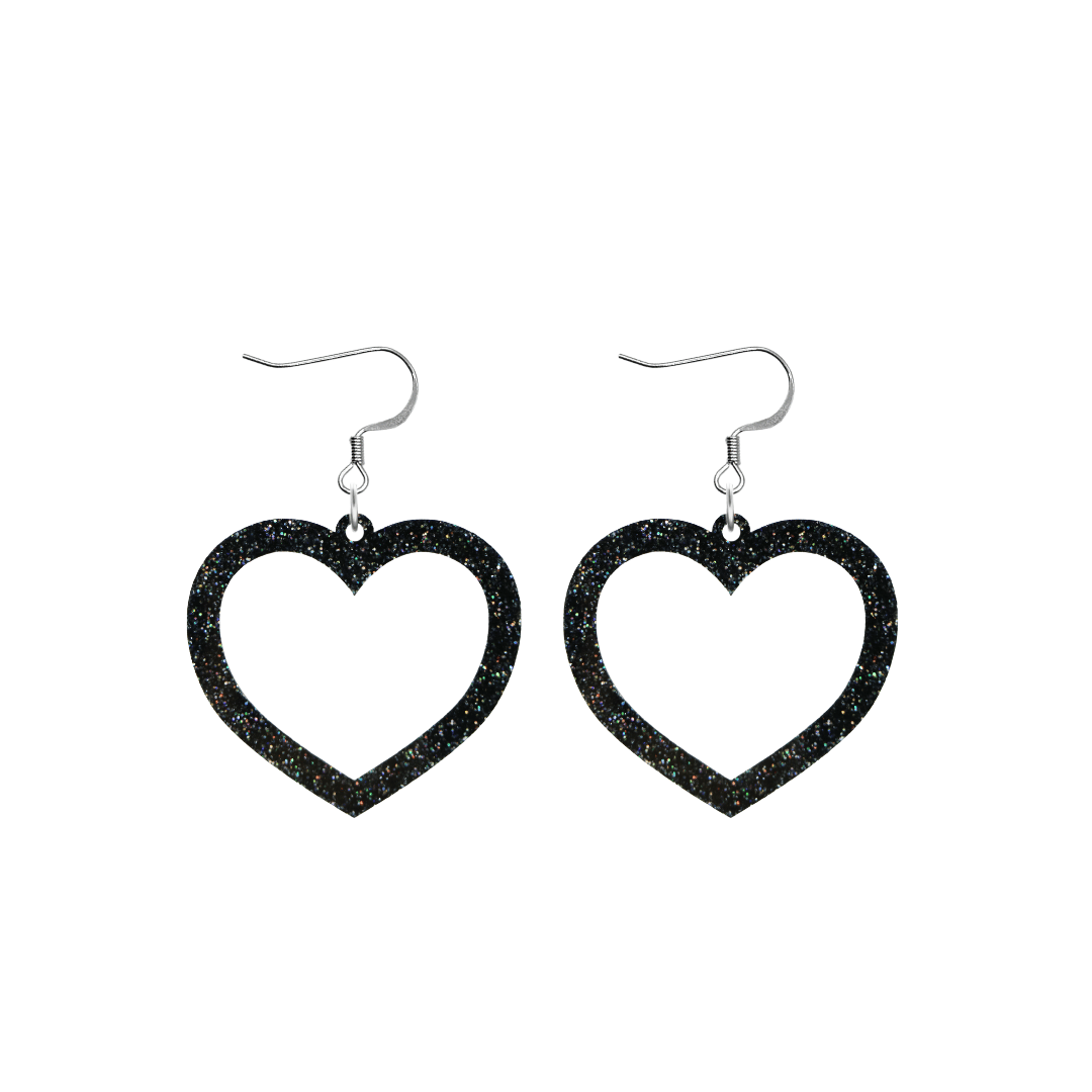 haus of dizzy glitter barbie heart earrings with premium black glitter size small with hooks no heart tops