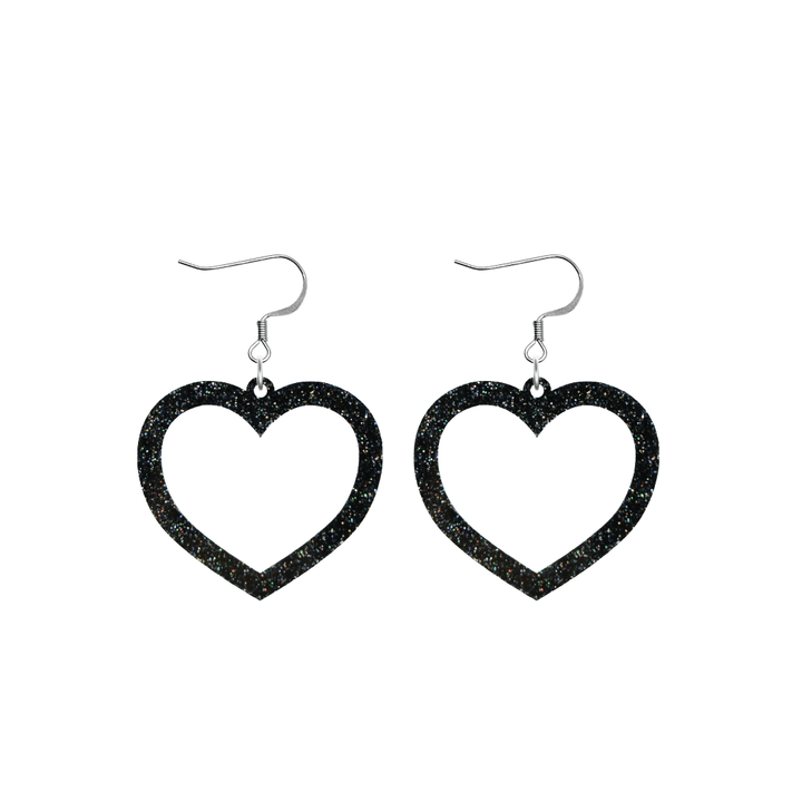 haus of dizzy glitter barbie heart earrings with premium black glitter size small with hooks no heart tops