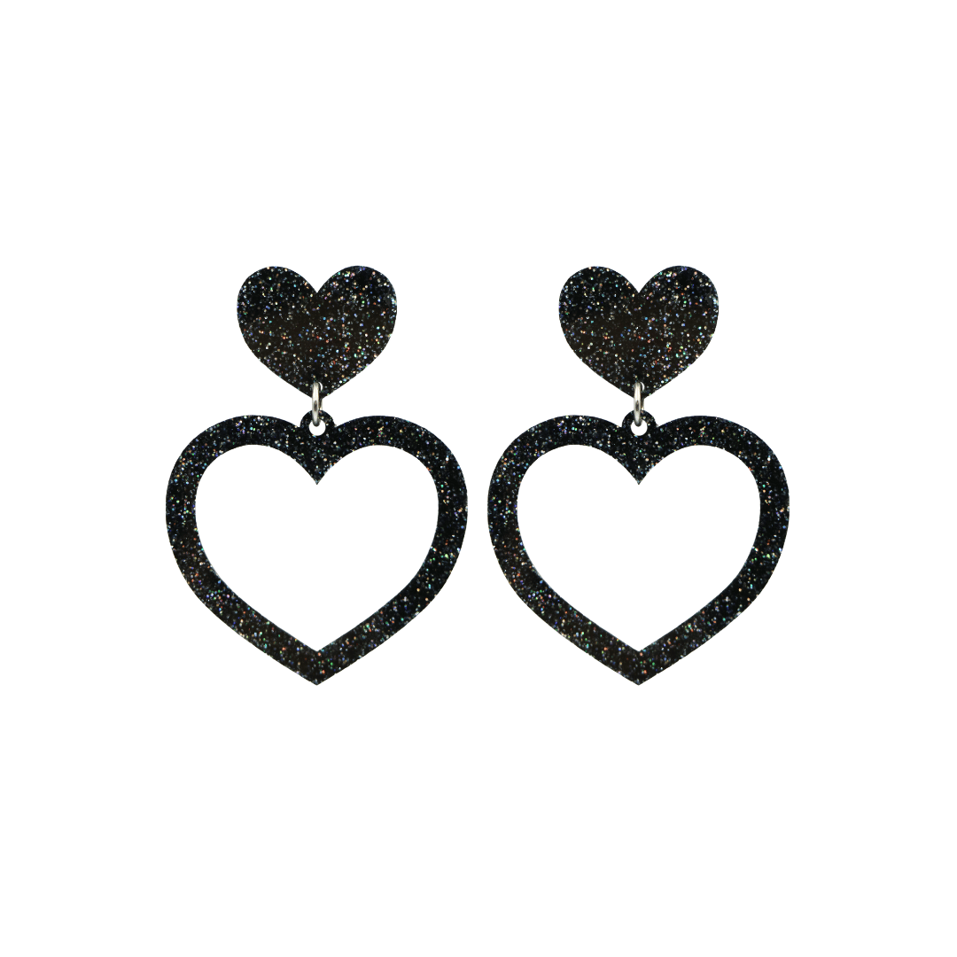 haus of dizzy glitter barbie heart earrings with premium black glitter size small