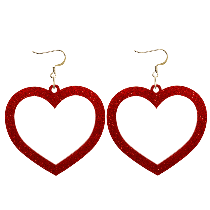haus of dizzy glitter barbie heart earrings with red glitter size large with hooks no heart tops