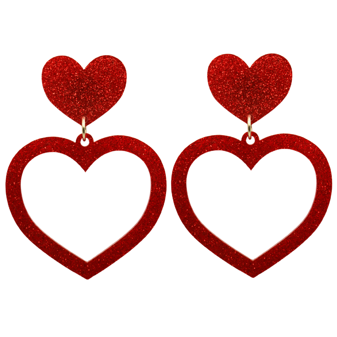 haus of dizzy glitter barbie heart earrings with red glitter size large 