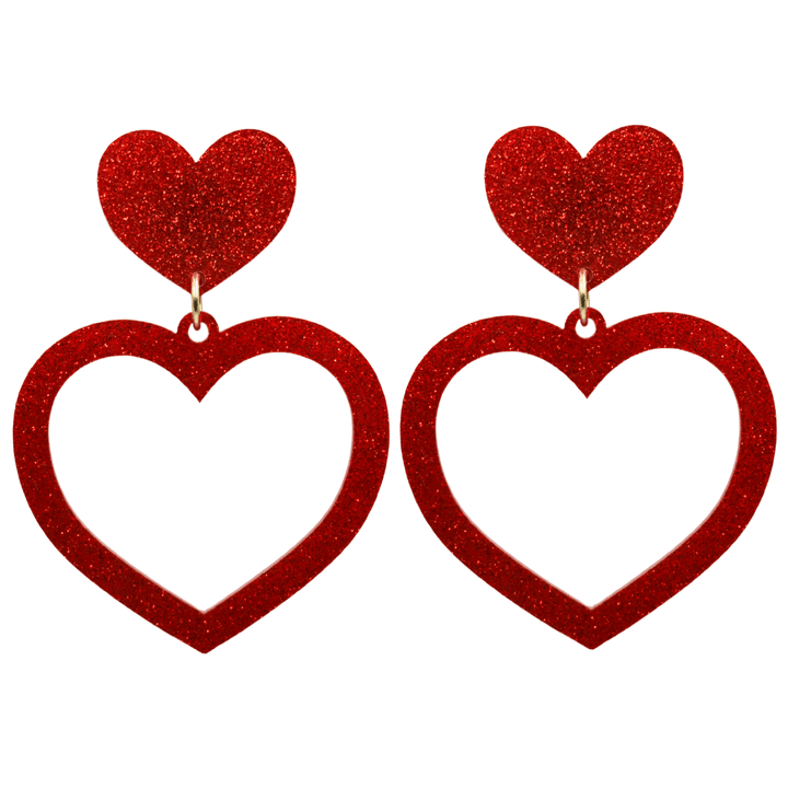 haus of dizzy glitter barbie heart earrings with red glitter size large 