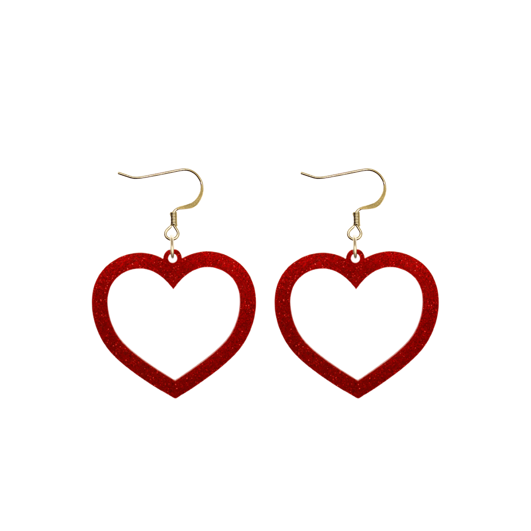 haus of dizzy glitter barbie heart earrings with red glitter size small with hooks no heart tops