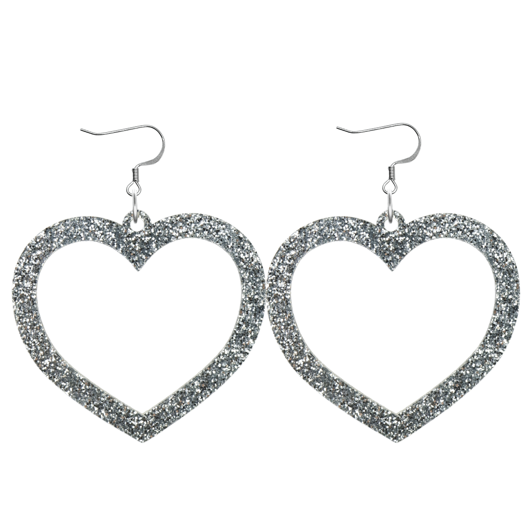 haus of dizzy glitter barbie heart earrings with silver glitter size large with hooks no heart tops