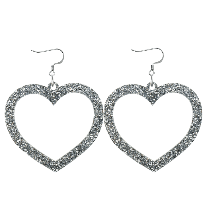 haus of dizzy glitter barbie heart earrings with silver glitter size large with hooks no heart tops