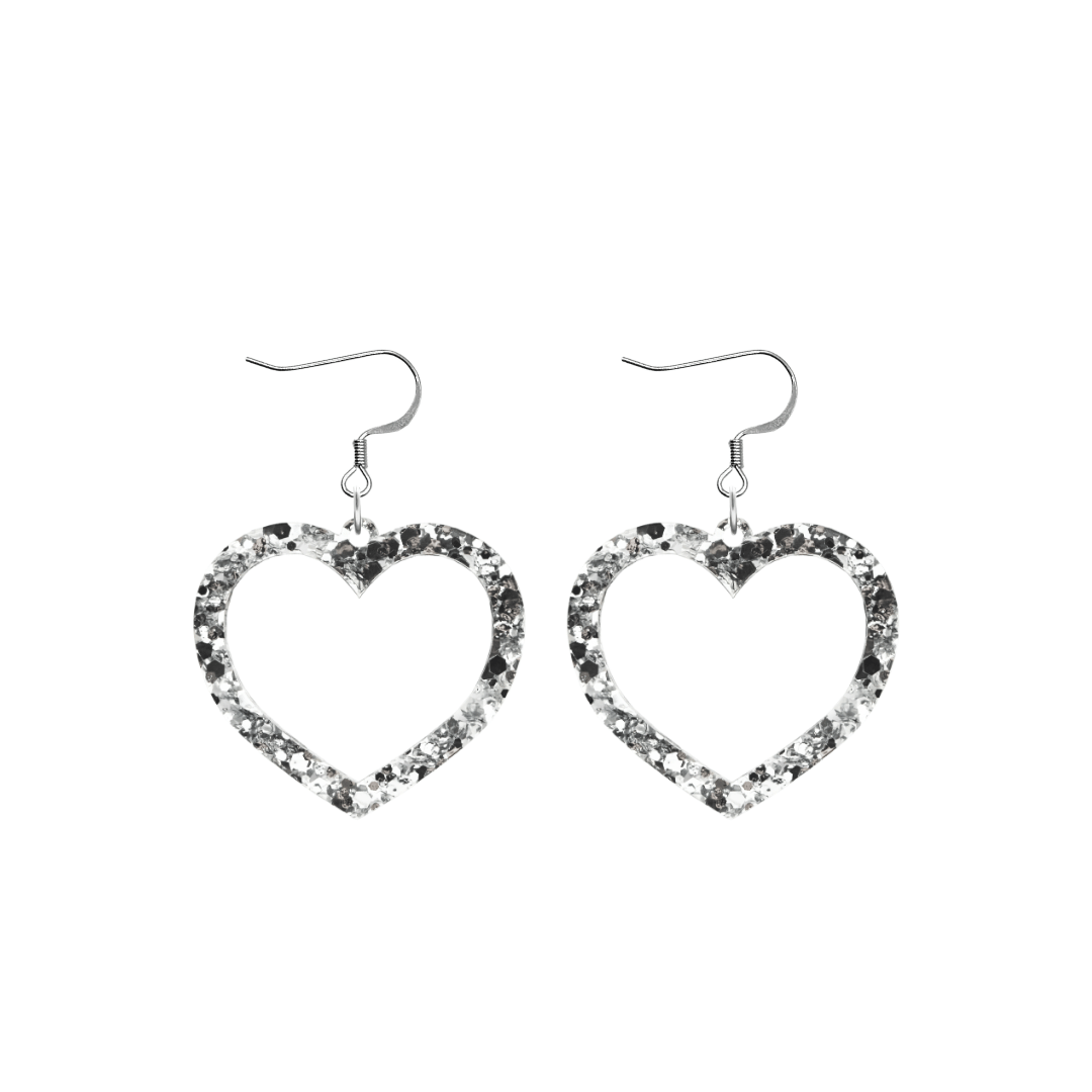haus of chunky silver glitter barbie heart earrings size small with hooks no heart tops