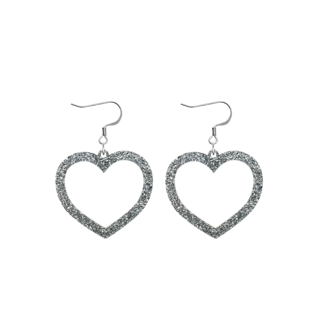 haus of dizzy glitter barbie heart earrings with silver glitter size small with hooks no heart tops