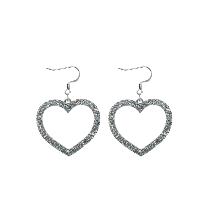 haus of dizzy glitter barbie heart earrings with silver glitter size small with hooks no heart tops