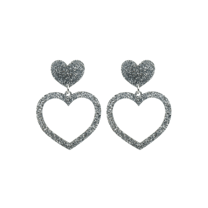 haus of dizzy glitter barbie heart earrings with silver glitter size small