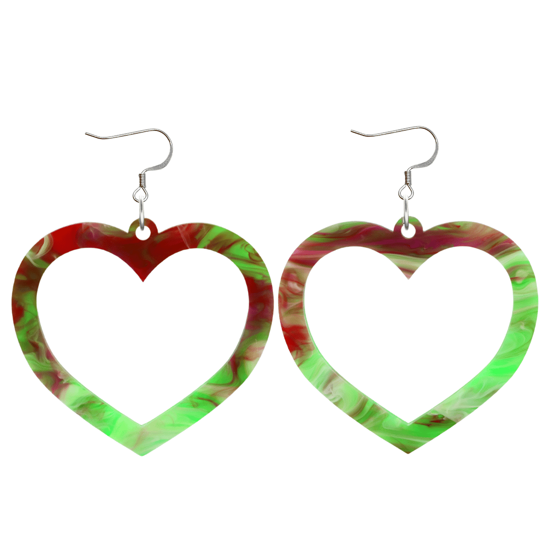 haus of dizzy watercolour barbie heart earrings in green and red swirl size large with hooks no heart tops