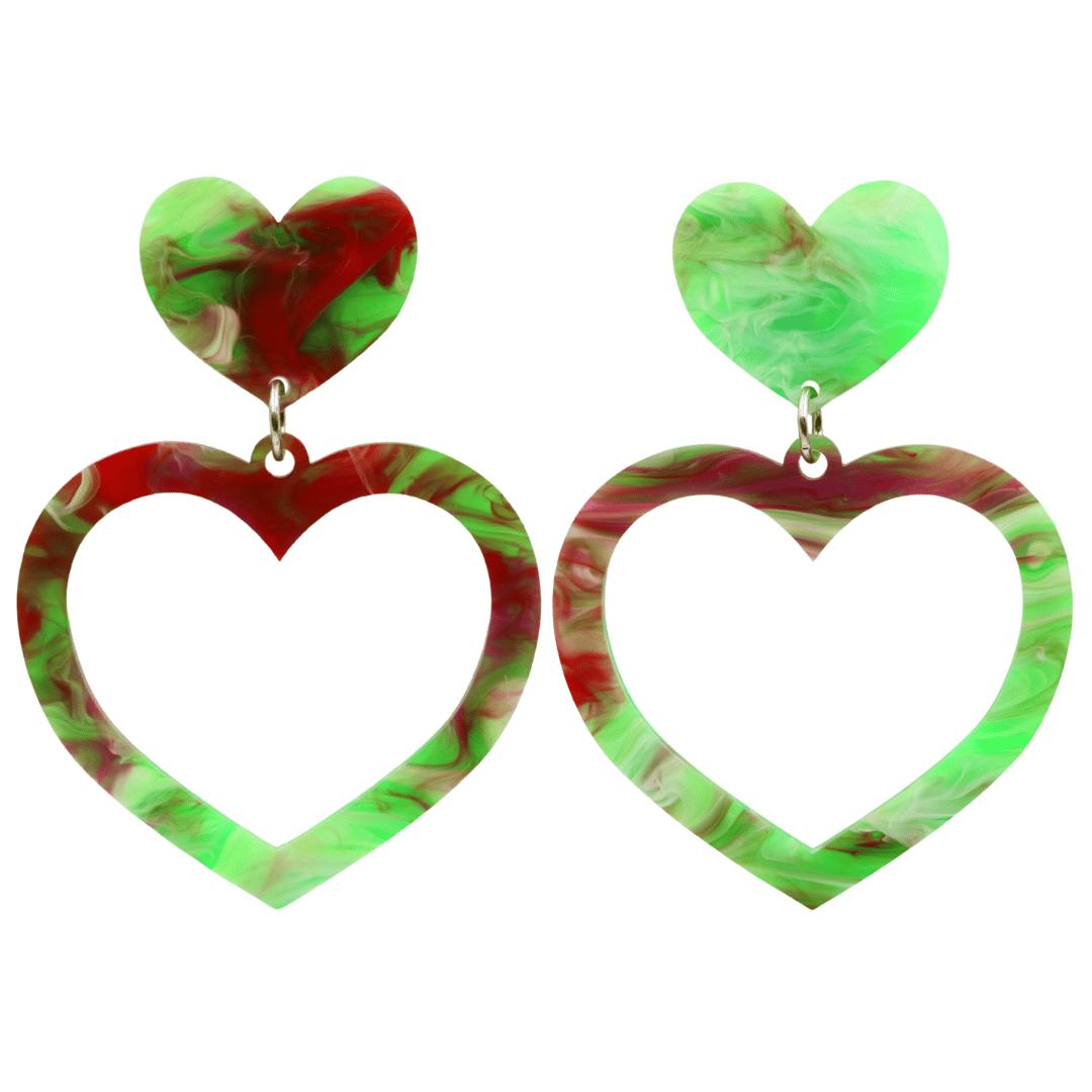 haus of dizzy watercolour barbie heart earrings in green and red swirl size large
