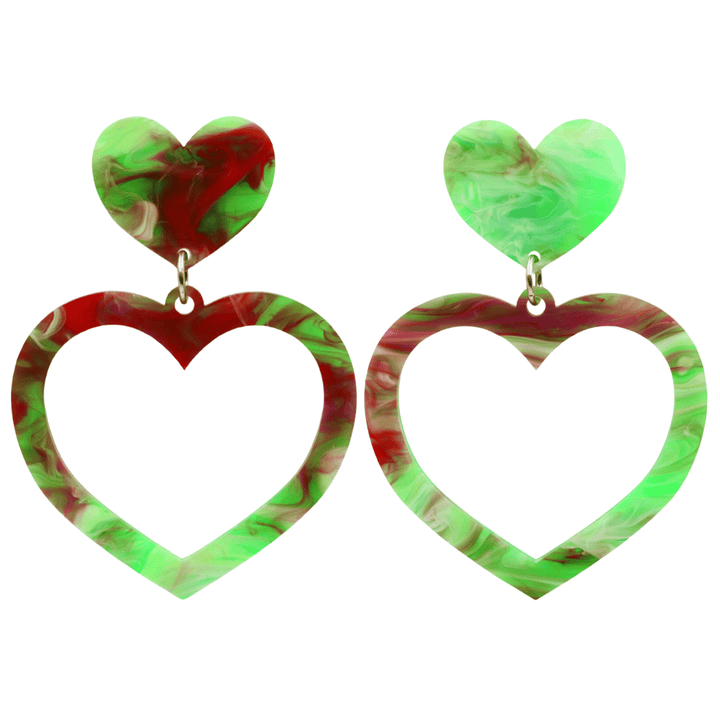 haus of dizzy watercolour barbie heart earrings in green and red swirl size large