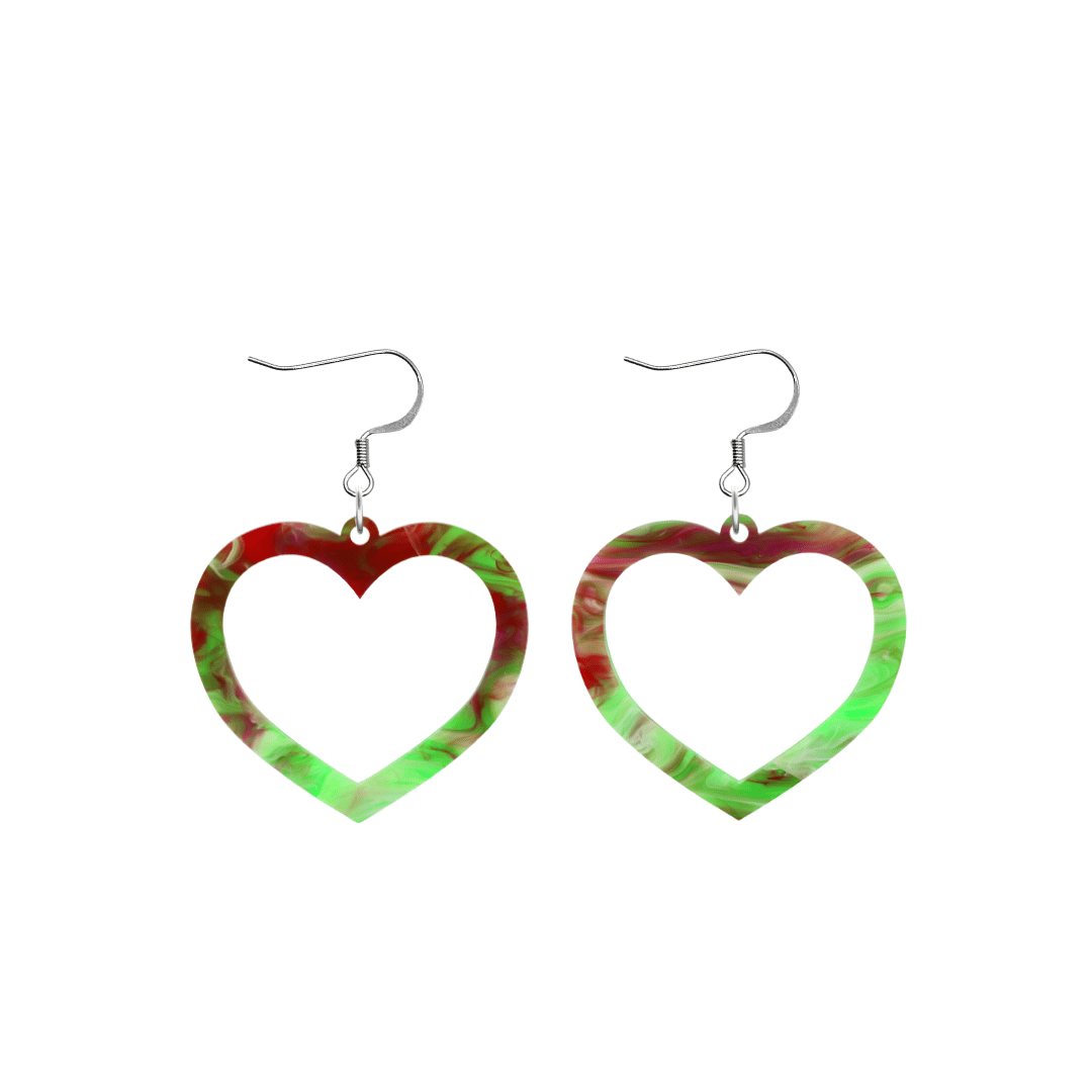 haus of dizzy watercolour barbie heart earrings in green and red swirl size small with hooks no heart tops