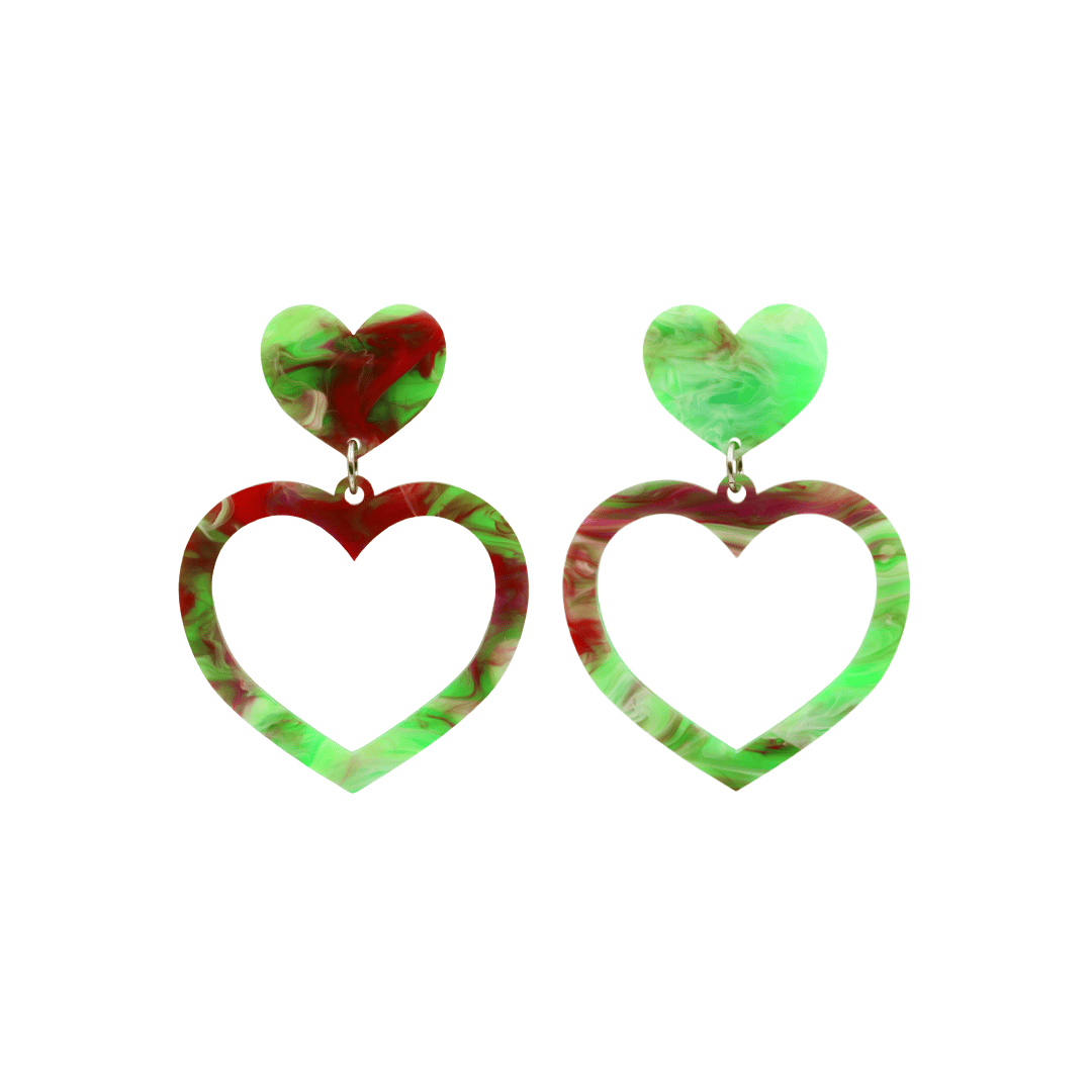 haus of dizzy watercolour barbie heart earrings in green and red swirl size small