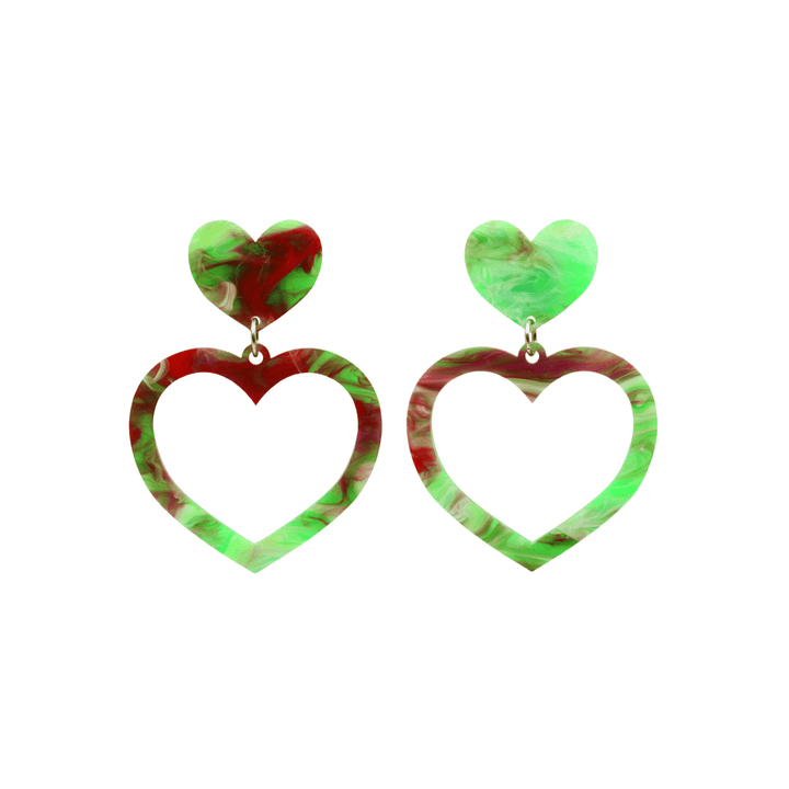 haus of dizzy watercolour barbie heart earrings in green and red swirl size small