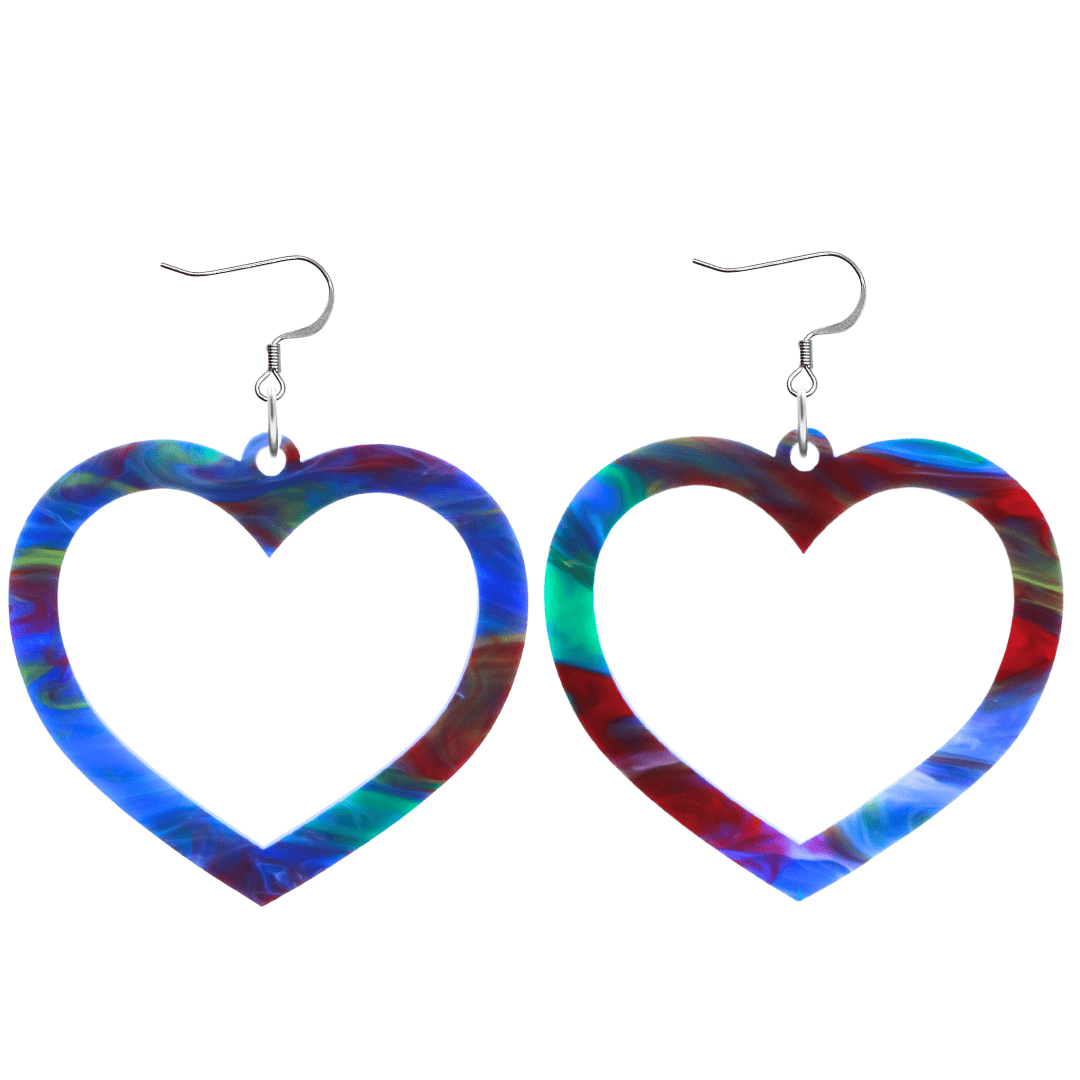 haus of dizzy watercolour barbie heart earrings in ocean blue swirl with blue red and green size large with hooks no heart tops