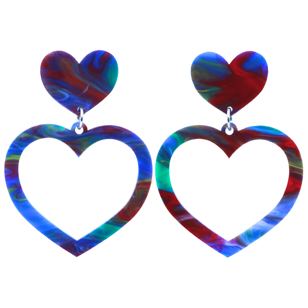 haus of dizzy watercolour barbie heart earrings in ocean blue swirl with blue red and green size large