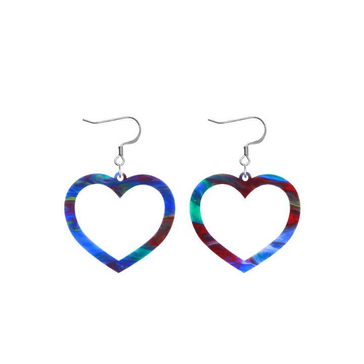 haus of dizzy watercolour barbie heart earrings in ocean blue swirl with blue red and green size small with hooks no heart tops