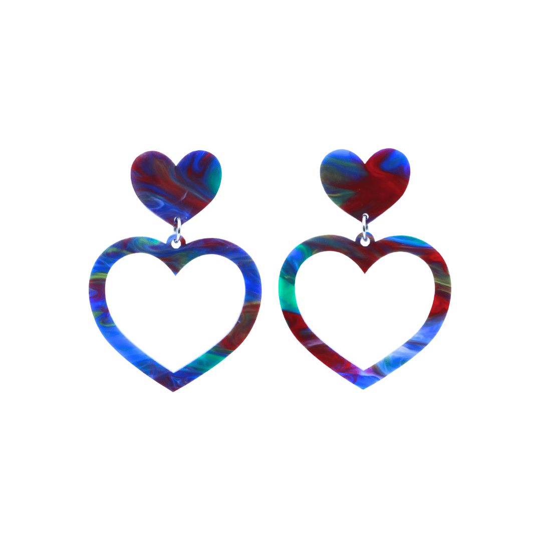 haus of dizzy watercolour barbie heart earrings in ocean blue swirl with blue red and green size small