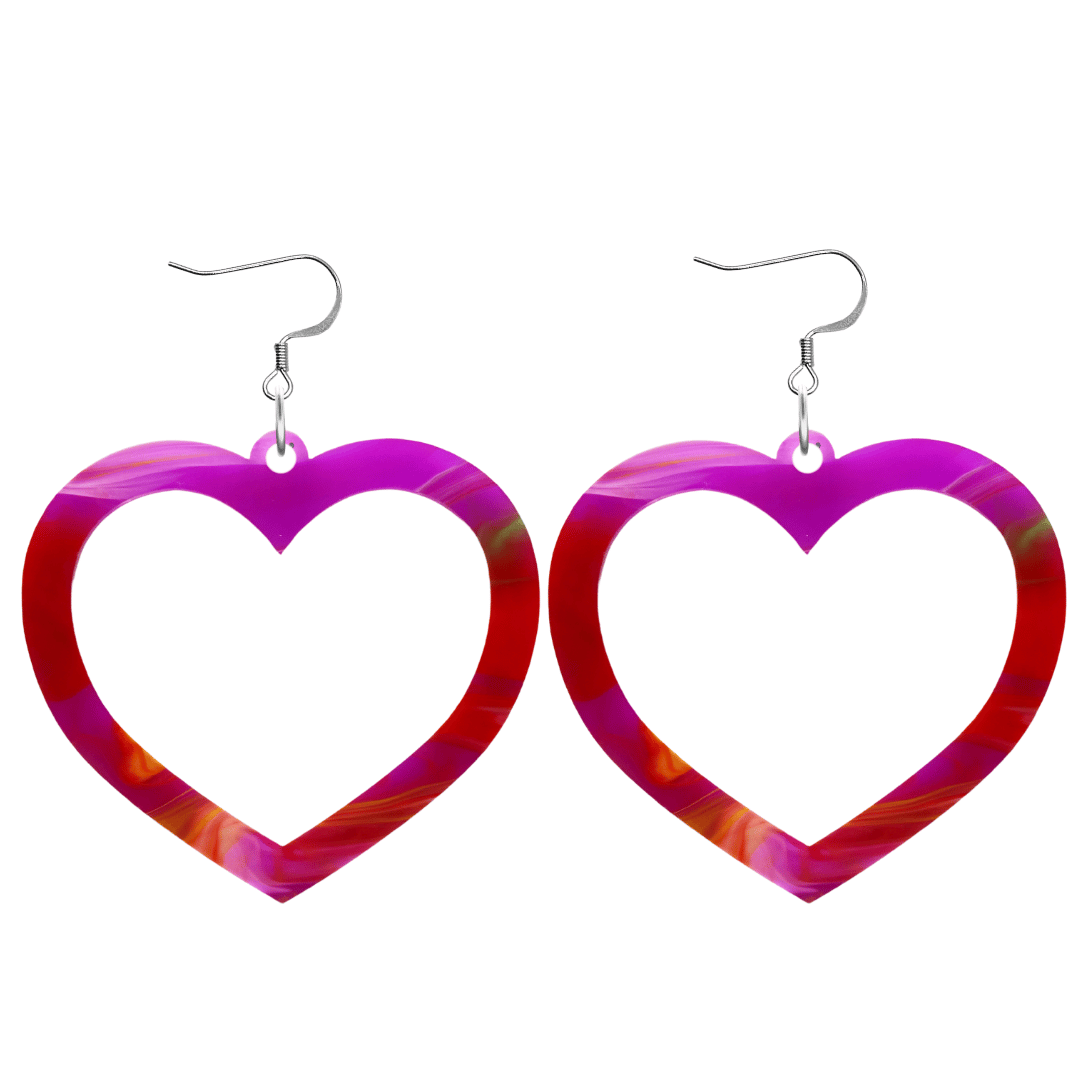 haus of dizzy watercolour barbie heart earrings in pink green and red swirl size large with hooks no heart tops
