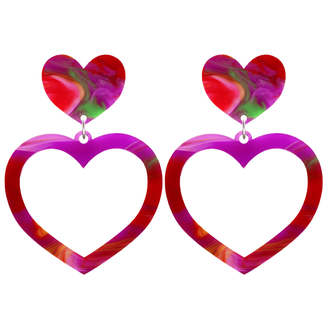 haus of dizzy watercolour barbie heart earrings in pink green and red swirl size large 