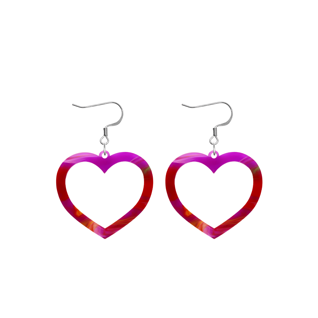 haus of dizzy watercolour barbie heart earrings in pink green and red swirl size small with hooks no heart tops