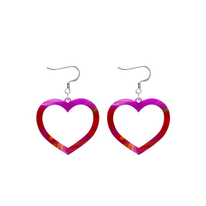 haus of dizzy watercolour barbie heart earrings in pink green and red swirl size small with hooks no heart tops