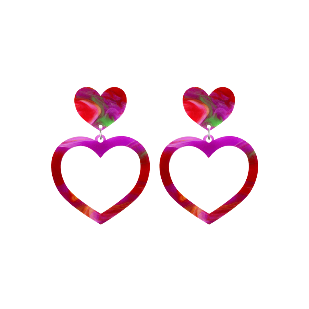 haus of dizzy watercolour barbie heart earrings in pink green and red swirl size small