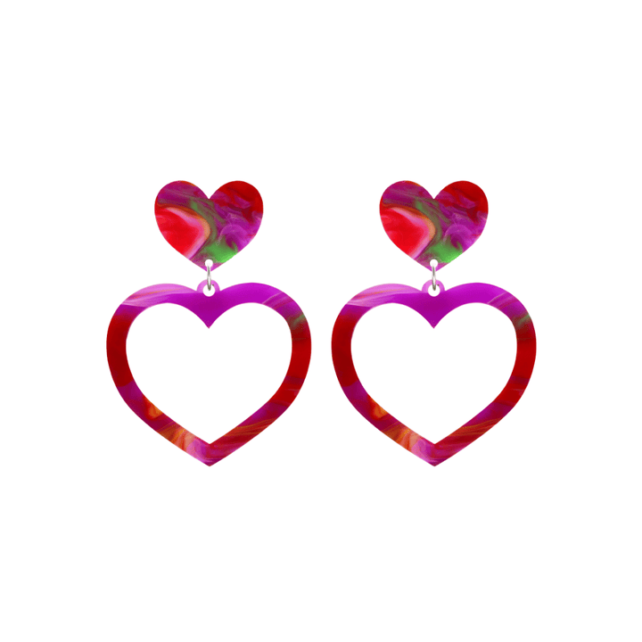 haus of dizzy watercolour barbie heart earrings in pink green and red swirl size small