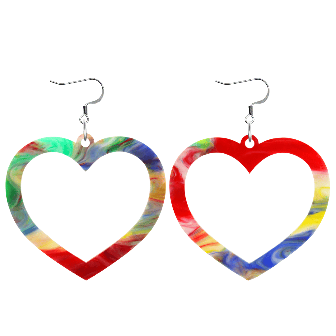 haus of dizzy watercolour barbie heart earrings in rainbow swirl size large with hooks no heart tops