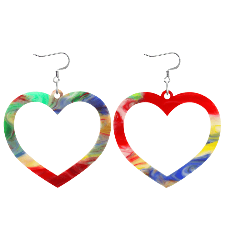 haus of dizzy watercolour barbie heart earrings in rainbow swirl size large with hooks no heart tops