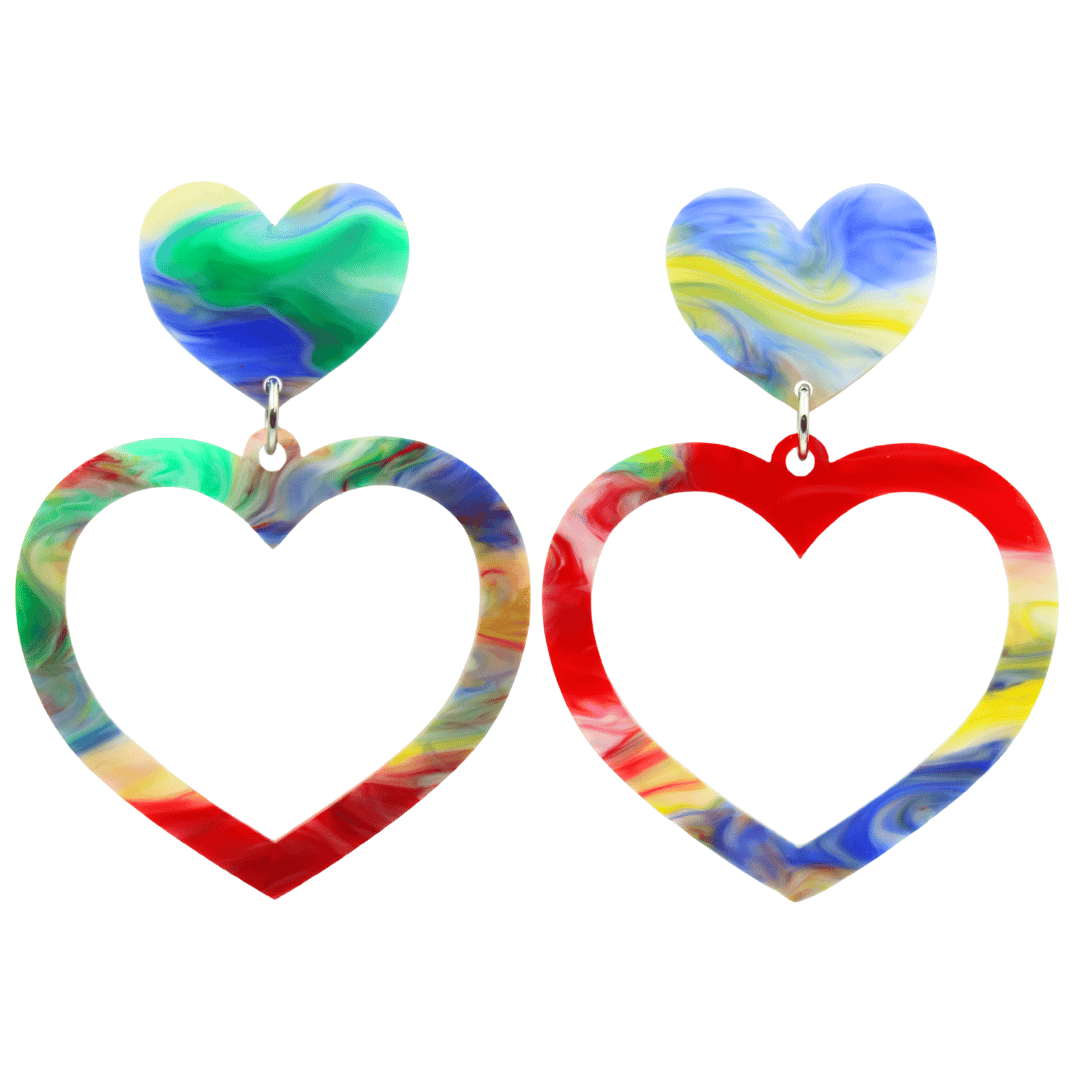 haus of dizzy watercolour barbie heart earrings in rainbow swirl size large