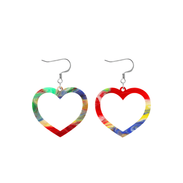 haus of dizzy watercolour barbie heart earrings in rainbow swirl size small with hooks no heart tops